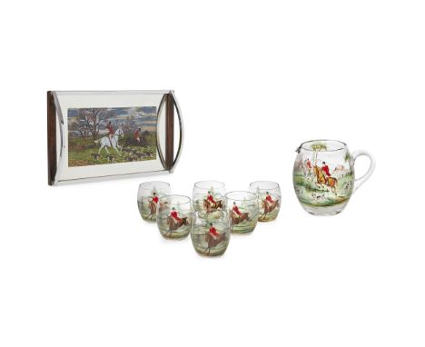 ENAMELLED GLASS LEMONADE SET, OF HUNTING INTEREST CIRCA 1930 to include a pitcher and six tumblers, all enamelled with mounte