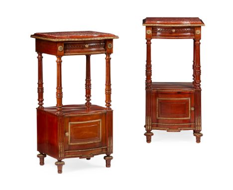 PAIR OF FRENCH EMPIRE STYLE MAHOGANY MARBLE TOP BEDSIDE COMMODES LATE 19TH CENTURY the rouge marble tops above frieze drawers