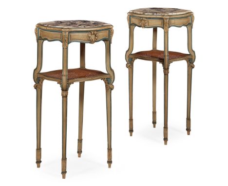 PAIR OF FRENCH PAINTED MARBLE TOP LAMP TABLES, BY MERCIER FRERES, PARIS LATE 19TH CENTURY the shaped and moulded tops with pu