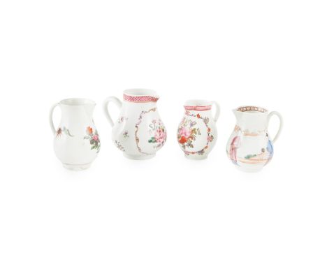 FOUR ENGLISH SPARROW BEAK PORCELAIN CREAM JUGS 18TH CENTURY to include a Lowestoft jug decorated with flower sprays and a pin