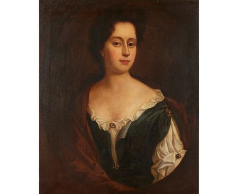 CIRCLE OF SIR GODFREY KNELLER HALF LENGTH PORTRAIT OF ISABELLA, WIFE OF JOHN NORBORN OF GREAT Inscribed and dated 1685, feign