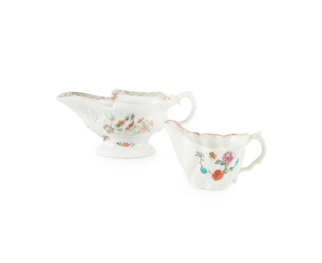 WORCESTER SILVER-SHAPED PORCELAIN PEDESTAL SAUCE BOAT MID 18TH CENTURY the body moulded with cartouches, flowers and C-scroll