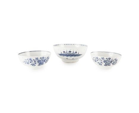 THREE WORCESTER BLUE AND WHITE PORCELAIN BOWLS 18TH CENTURY to include a 'Rock Strata Island' pattern punch bowl and two 'Thr