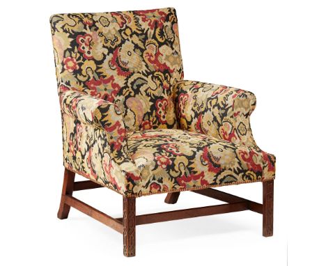 GEORGE III MAHOGANY 'GAINSBOROUGH' ARMCHAIR 18TH CENTURY the rectangular back with scrolled arms, raised on blind fret carved