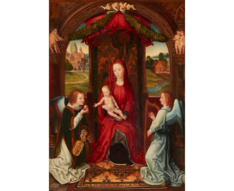 ICILIO FREDERICO JONI (ITALIAN 1866-1946) MADONNA AND CHILD ENTHRONED (AFTER HANS MEMLING) oil on panel(44cm x 32cm (17.25in 
