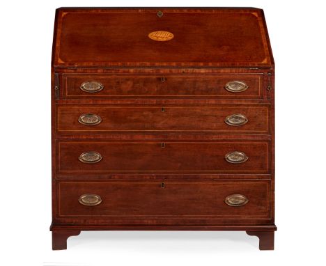 GEORGE III MAHOGANY INLAID BUREAU LATE 18TH CENTURY the slant front with an inlaid shell medallion, opening to an interior fi