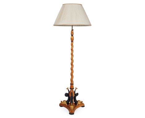 BIEDERMEIER STYLE BIRCH, EBONISED, AND PARCEL GILT STANDARD LAMP MODERN the spiral column on a triform base with dolphins, wi