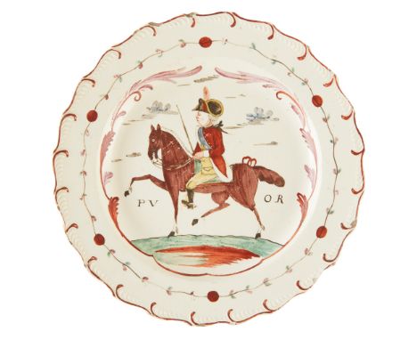 ENGLISH CREAMWARE ENAMEL DECORATED PLATE 18TH CENTURY centrally decorated with an equestrian figure of William V of Orange fl