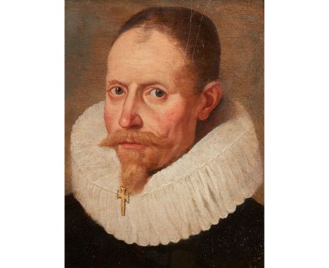 17TH CENTURY DUTCH SCHOOL PORTRAIT OF A MAN IN A RUFF WITH CRUCIFIX oil on panel(28cm x 22cm (11in x 8.75in))Footnote: Proven