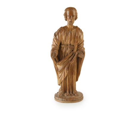 SPANISH CARVED FIGURE OF A SAINT CHRYSOLIUS LATE 16TH/ EARLY 17TH CENTURY the standing figure wearing a long tunic tied at th