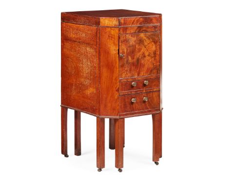 GEORGE III MAHOGANY NIGHT CUPBOARD LATE 18TH CENTURY, WITH ALTERATIONS the hinged top with canted forecorners above a cupboar