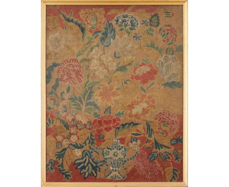 EARLY GEORGIAN NEEDLEWORK PANEL EARLY 18TH CENTURY depicting a flower-filled urn, worked in wool in tapestry and tent stitche