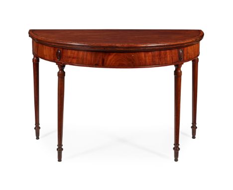 LATE GEORGE III MAHOGANY AND SATINWOOD DEMILUNE CARD TABLE, ATTRIBUTED TO INCE &amp; MAYHEW LATE 18TH the fold-over crossband