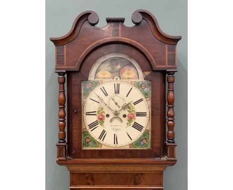 VICTORIAN MAHOGANY LONGCASE CLOCK by Robert T Roberts, Bangor, eight day movement with rolling moon dial, with weights and pe