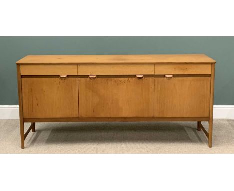 MID-CENTURY TYPE LIGHT WOOD SIDEBOARD having three frieze drawers over two cupboard doors and a fall front central section, 8