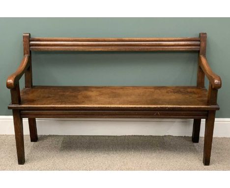 ANTIQUE OAK BENCH with scrolled arms and single rail back, 87 (h) x 141 (w) x 51 (d) cmsProvenance: Private collection Conwy