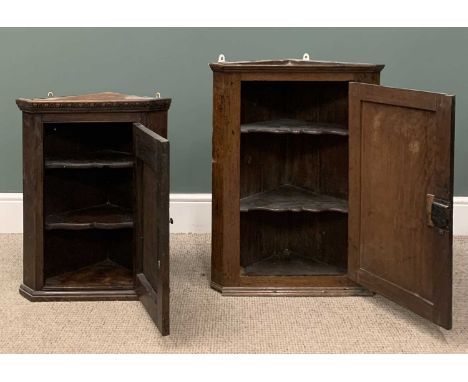 ANTIQUE OAK CORNER CUPBOARDS (2), both wall hanging, the largest with single fielded panel door and central star inlay, 76 (h