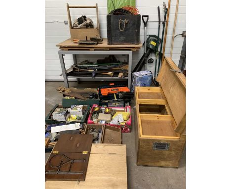 WORKSHOP & GARAGE TOOLS to include a good old timber toolbox, long handled garden tools, vintage planes ETCProvenance: Privat