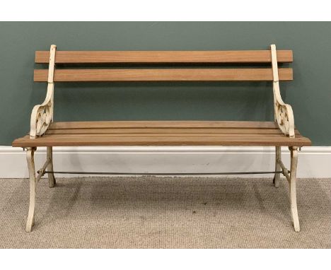 GARDEN BENCH with slatted wooden planks and cast ends, 69 (h) x 122 (w) x 56 (d) cmsProvenance: Private collection Gwynedd