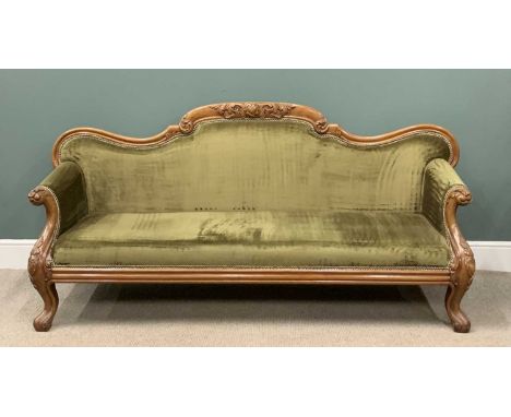 FINE ANTIQUE CARVED WALNUT SOFA with shaped back, on cabriole supports, green dralon upholstery, 95 (h) x 214 (w) x 56 (d) cm