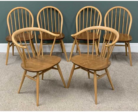 LIGHT ERCOL DINING CHAIRS, four with hoop and spindle back and a pair of tub shaped spindle back chairsProvenance: Private co