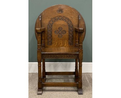 EARLY 20th CENTURY OAK MONK'S BENCH/CHAIR with circular carved top, 74 (h) x 69 (diam) cmsProvenance: Private collection Conw