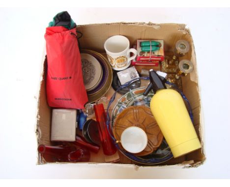 A mixed lot comprising a Sparklets yellow soda syphon and bulbs, a pair of Edwardian brass candlesticks, a brass shell case t