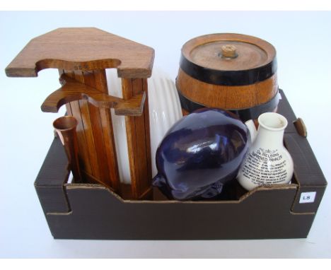 A mixed lot comprising an oak extending book trough, a blue glass shop display head, a Dr Nelson's improved inhaler, copper h