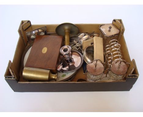 A mixed quantity of EPNS and silver plated items comprising an Old Sheffield Plate chamber stick, a pickle stand with two cut