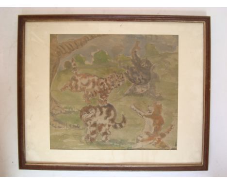 In the manner of Louis Wain, five cats cavvorting, watercolour, unsigned. 