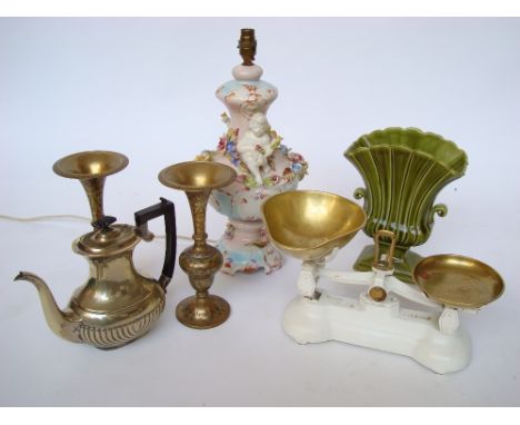 Libra Scale Co cast iron weighing scales with brass pans, a apir of Indian brass vases, an EPNS coffee pot, a Shorter & SOn g