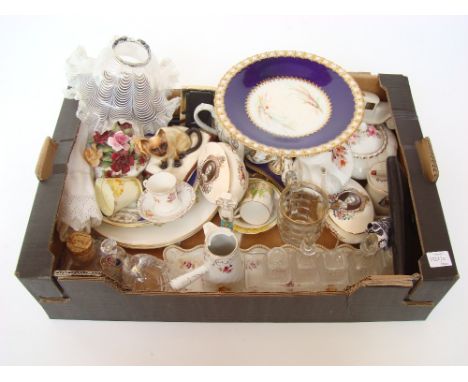 A mixed lot of glass and ceramics comprising clear and white glass late Victorian light shade, five piece cut glass cruet set