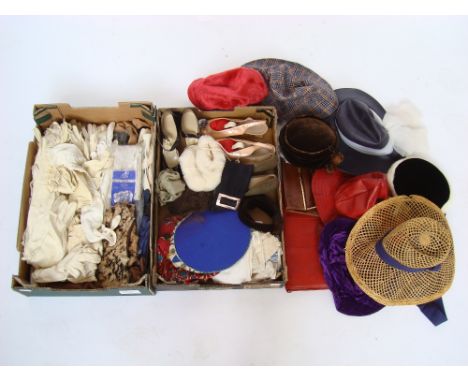 A collection of vintage ladies hats, shoes and accessories comprising Madge Chard black velvet and ermine pill box hat, Ferra