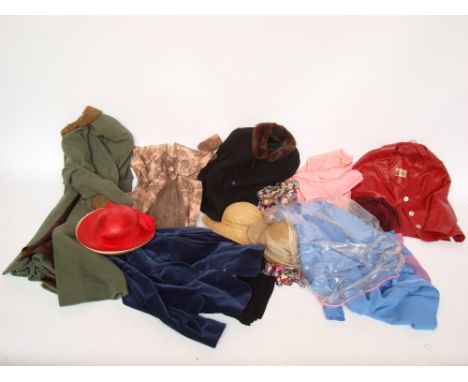 Vintage ladies clothing including black wool skirt and jacket with mink collar, a red leather jacket, a 1950's silk dress, ha