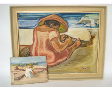 Mary Piercy (20th Century British).
Fisherman mending nets, oil on board, signed, dated 74, 90 x 69 together with a preparato