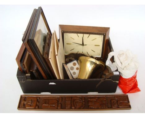 PLEASE NOTE AMENDED DESCRIPTION: A mixed lot comprising a Metamec wall clock, a brass bell with wall bracket, a pair of embro