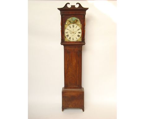 A George III mahogany eight day longcase clock, the 13" arched enamel dial with painted Roman numerals and minute track, subs