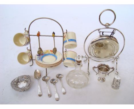 A small quantity of silver items comprising a twin handled miniature trophy cups, a pierced pin dish, aa pair of Georgian con