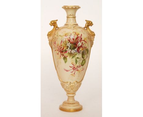 A large early 20th Century Royal Worcester shape 1764 twin handled vase decorated with hand painted sprays of honeysuckle and