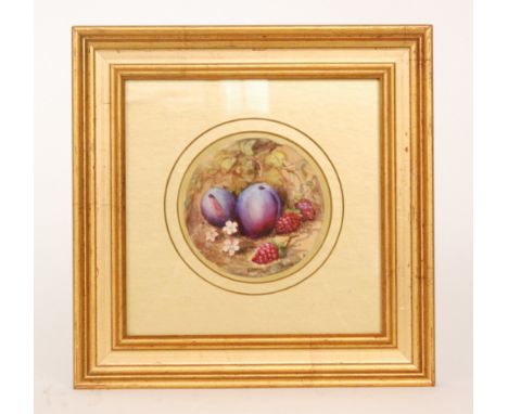 A framed Royal Worcester Fallen Fruits plaque hand painted by Sebright with plums and blackberries, signed, any marks obscure