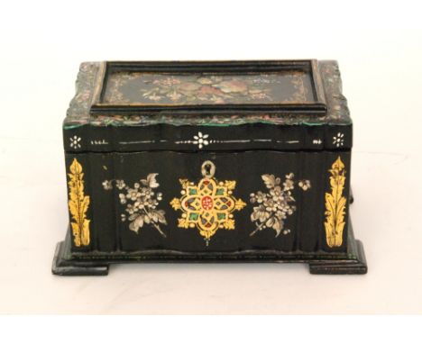 A 19th Century papier mache twin section tea caddy, decorated with abalone shell and hand painted with floral detail, over sh