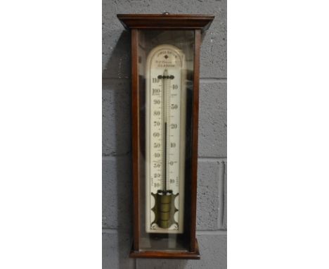 A late 19th Century wall mounted mahogany cased barometer, the painted  ceramic gauge with retailers name James Brown, 16 St 