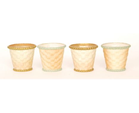 Four early 20th Century Royal Worcester cache pots each with basket weave moulded decoration in blush ivory, two with gilt ed