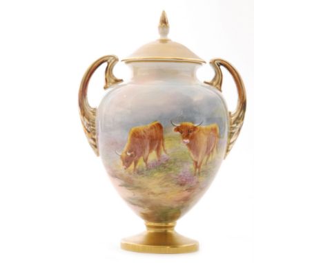 A later 20th Century Royal Worcester twin handled pedestal vase and cover panel decorated by Townsend with two Highland cattl