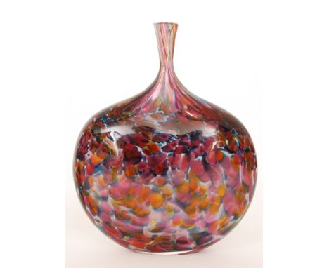 A later 20th Century Peter Layton studio glass vase, of compressed form with slender waisted neck, decorated with pink and am