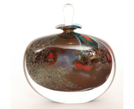 A later 20th Century Peter Layton studio glass scent bottle, of compressed form with button rim and tear form stopper, decora
