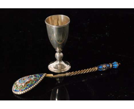 A Russian silver gilt spoon with multi coloured enamel decoration to reverse of bowl and further enamel detail to terminal, l