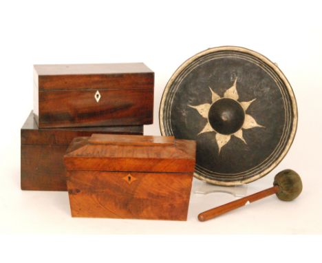A 19th Century mahogany tea caddy, another similar caddy, a work box and a gong with beater (5)