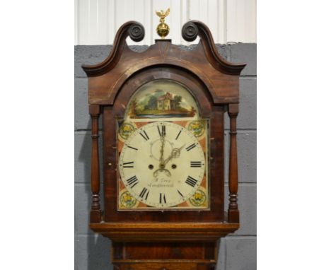 A 19th Century oak and mahogany crossbanded longcase clock, the painted arch dial by B Gray Loughborough with eight day strik