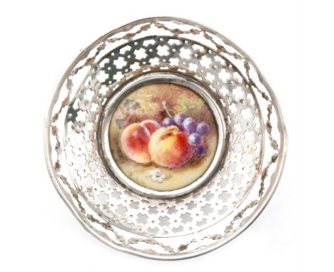 An early 20th Century Royal Worcester Fallen Fruits roundel decorated by Ricketts with hand painted peaches and grapes, signe